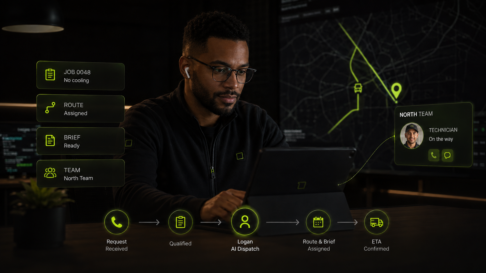 Logan AI Dispatch assigns a no-cooling job with a prepared route and technician brief.