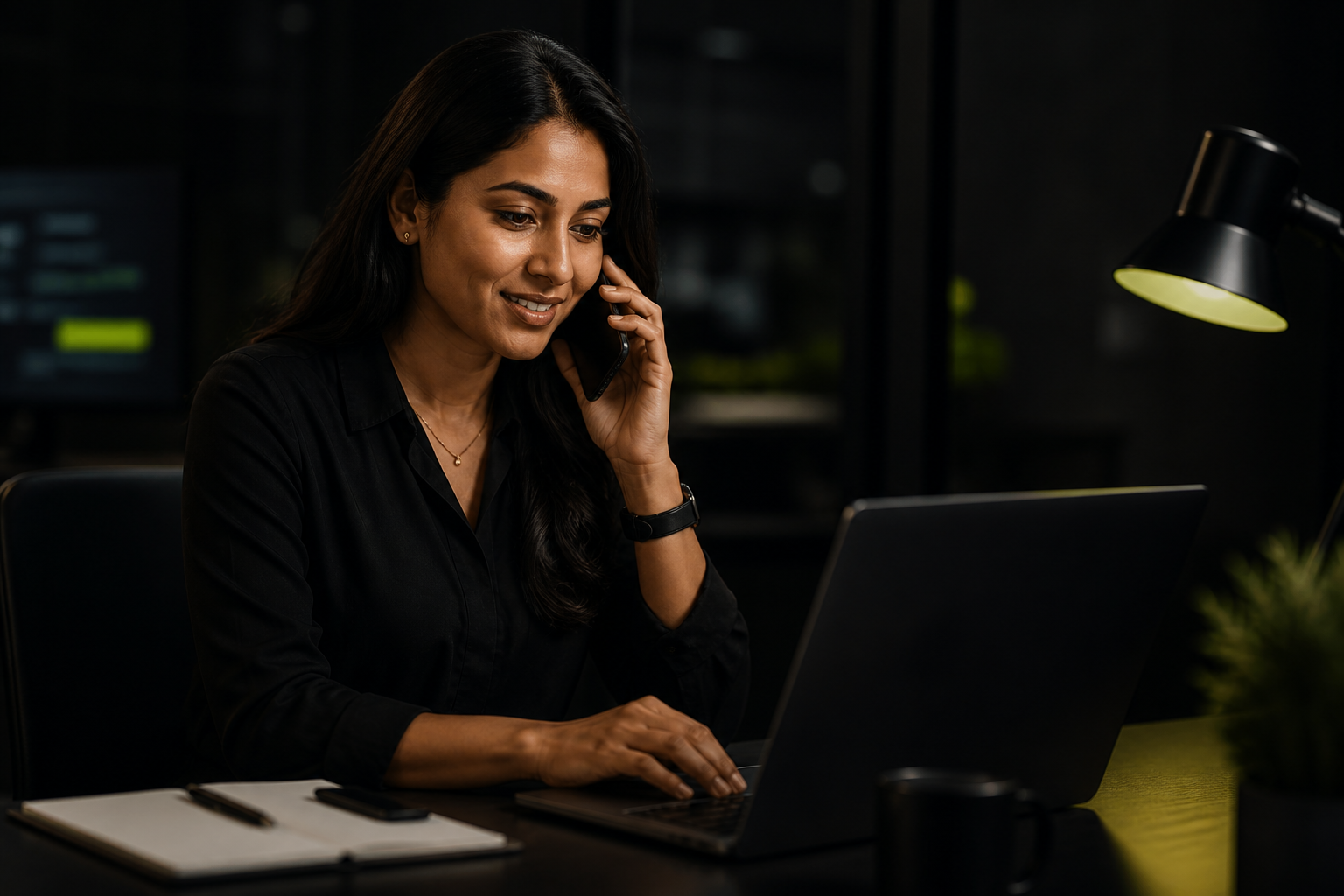 Meera follows up with a prospect while reviewing an estimate.