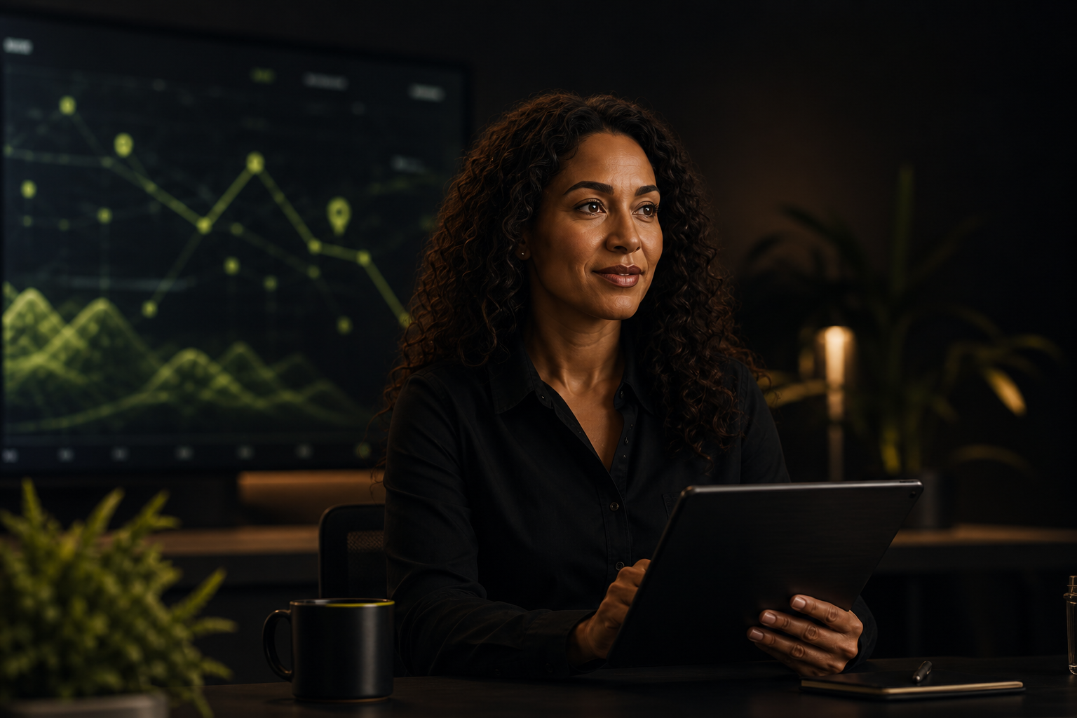 Nia reviews business performance signals and priorities from a tablet.