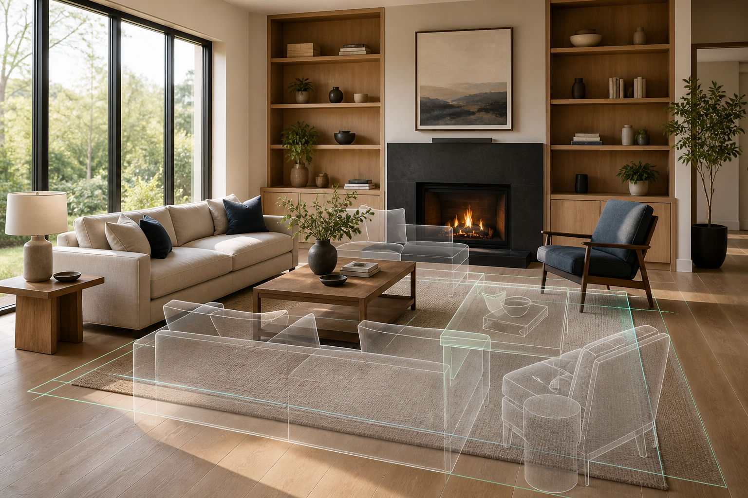 Modern living room with a subtle alternate furniture arrangement overlaid before anything is moved