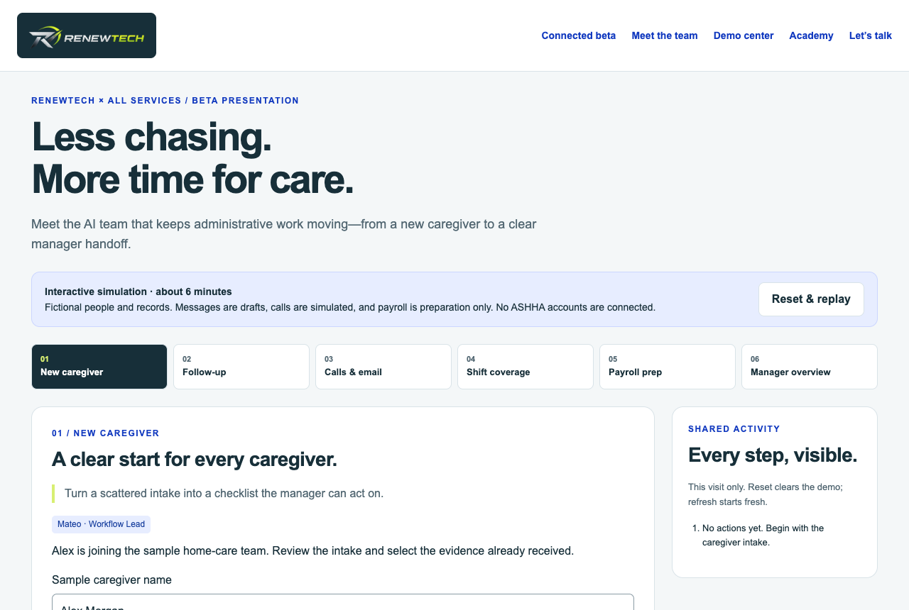 Public simulation showing a fictional caregiver intake and shared activity panel